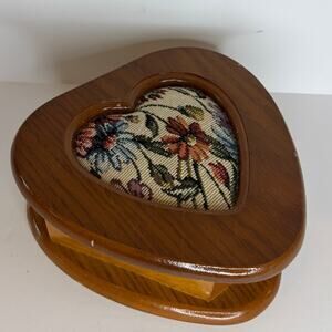 Vintage Heart Shaped Wooden Jewelry Box Floral Needlepoint Trinket Box